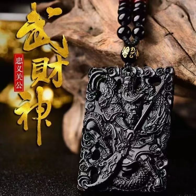 新款黑曜石霸气关公男女款关羽守护神项链武财神时尚坠链