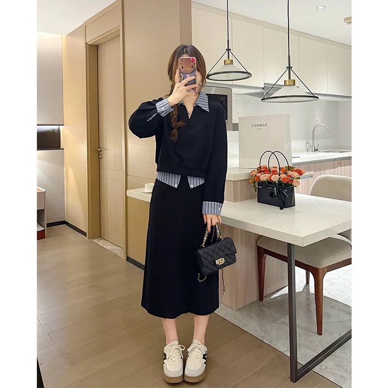 时尚减龄显瘦V领条纹撞色上衣A字半身裙两件套套装#6108