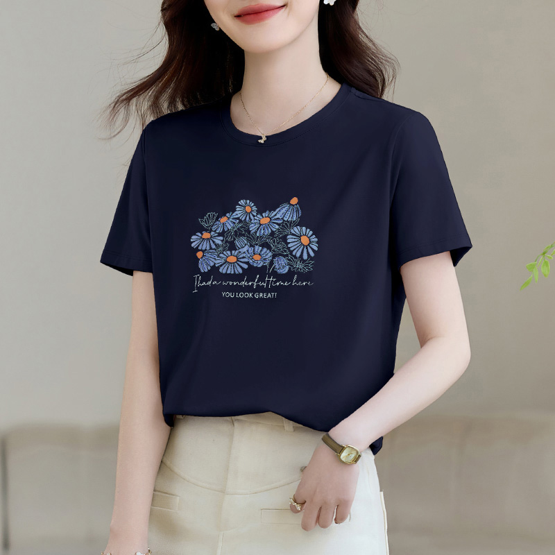 90支新疆长绒棉花圆领宝蓝色短袖t恤女夏季2026新款时尚高档上衣