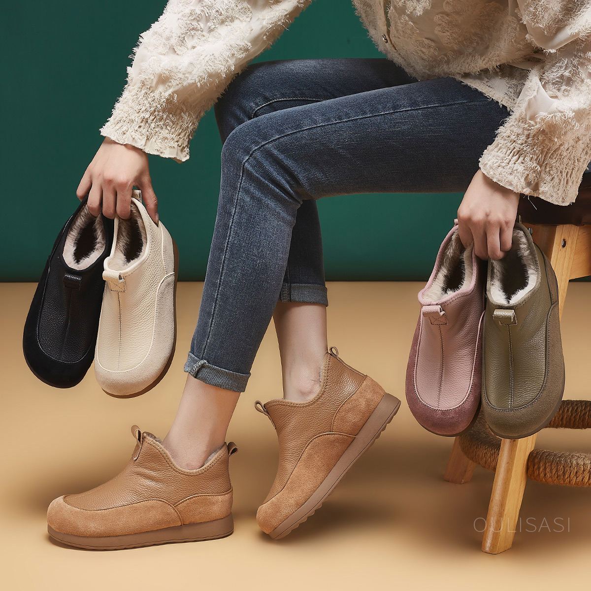 | 风吹麦浪二代| 3公分 真牛皮加绒加厚一脚蹬保暖雪地靴女714