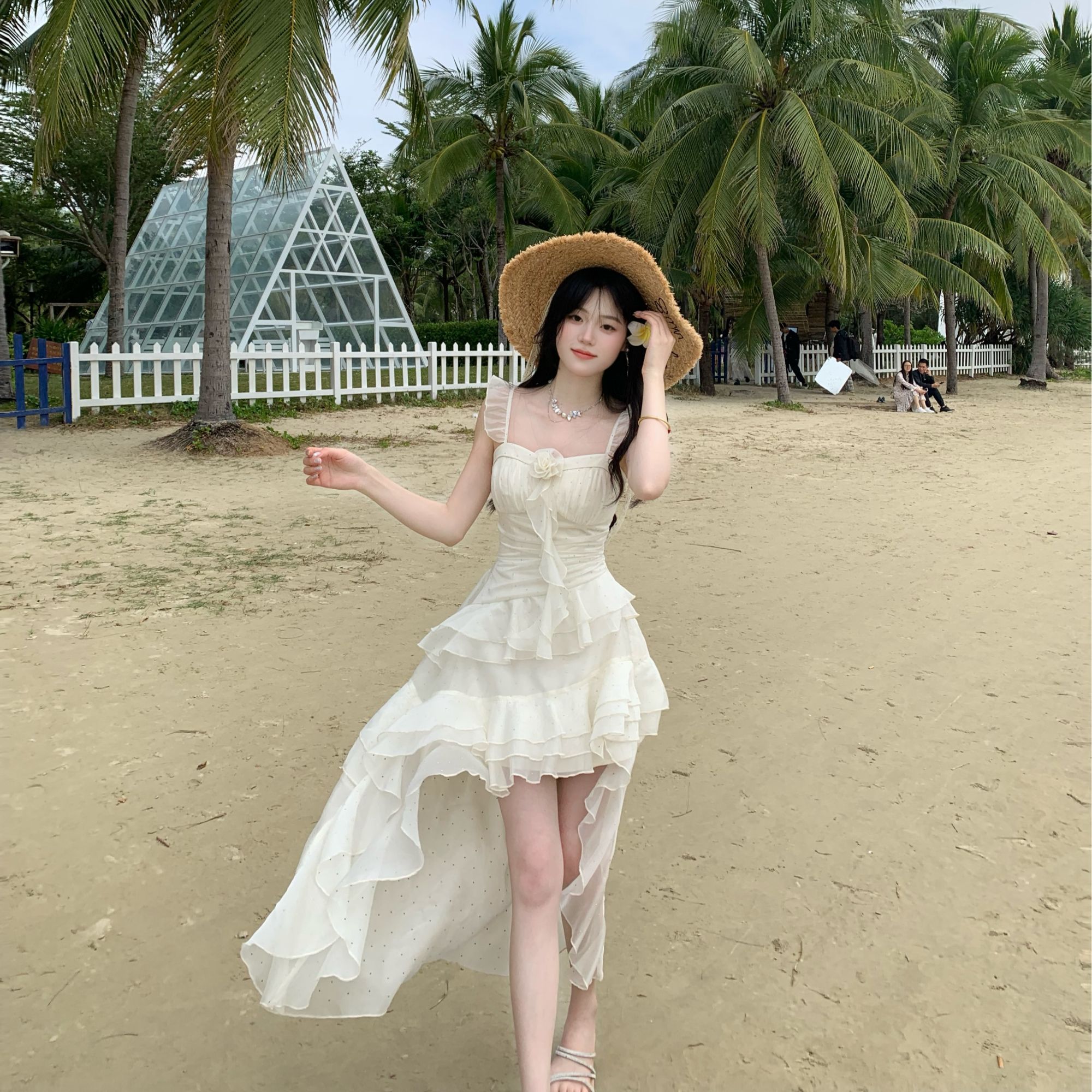 Blovelan雾吻山茶 甜辣妹小飞袖雪纺绝美公主风拖尾度假风连衣裙