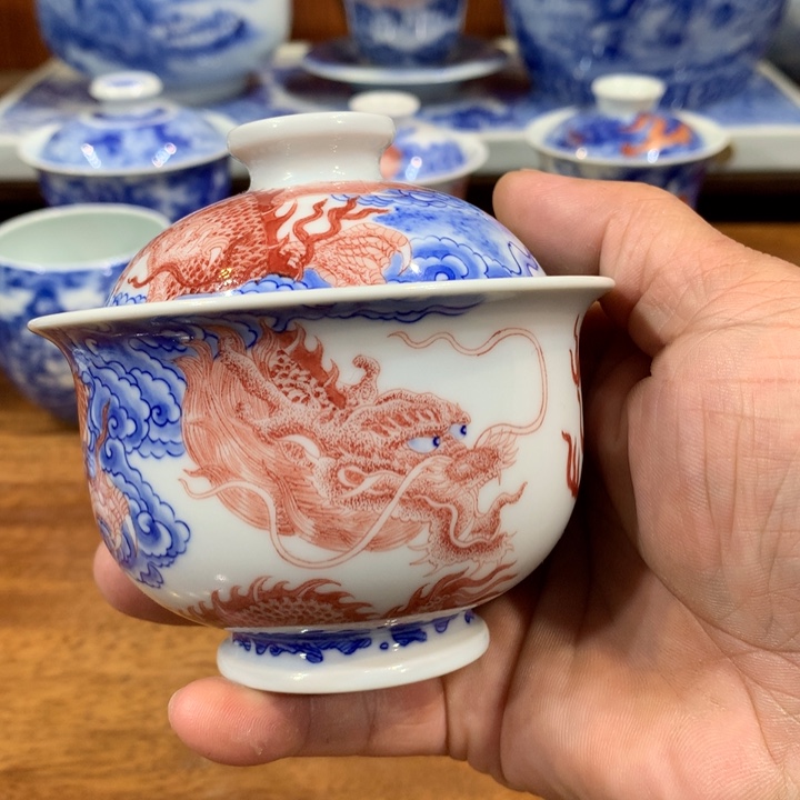 自成堂柴窑青花双龙盖碗