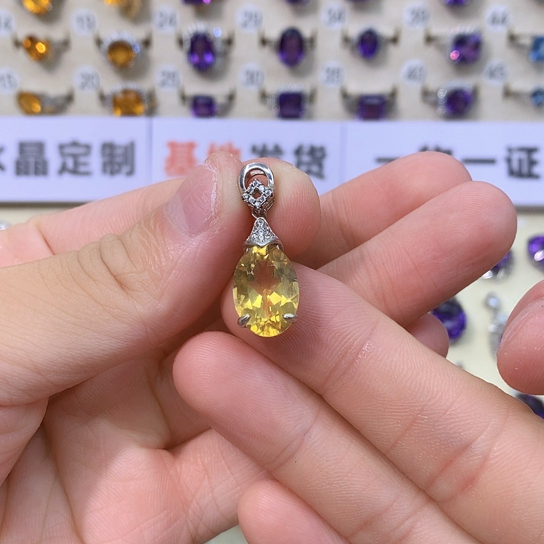 黄晶珠宝半成品银S925镶嵌纯天然黄水晶吊坠