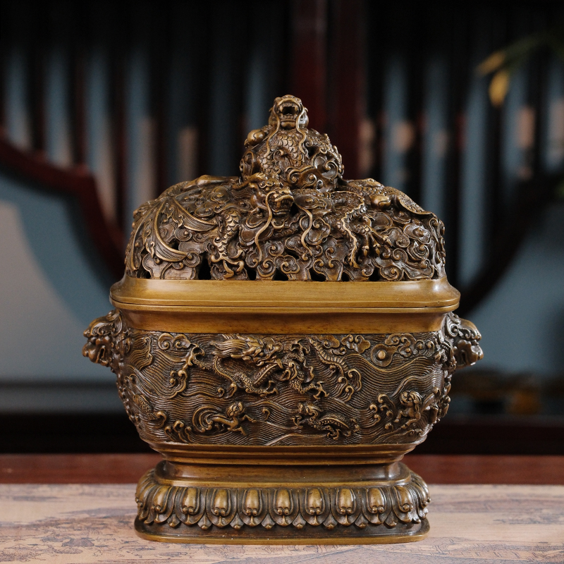 苏工手工香炉失蜡脱模三层盘龙云盖全铜大方炉办公室书房居家摆件