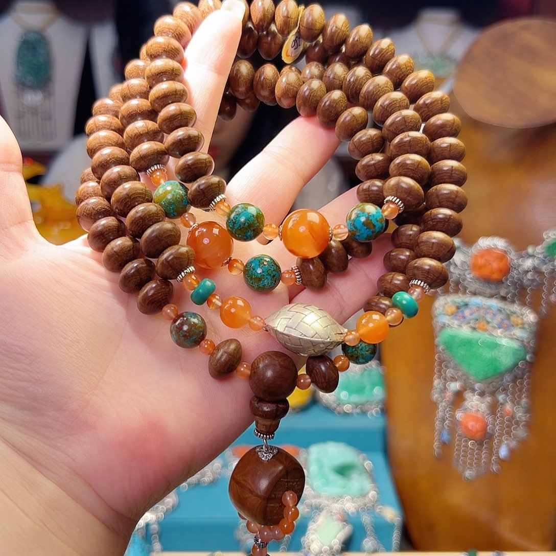 桥***墨925银木质108项链