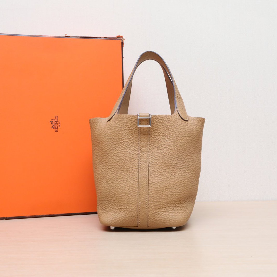 未使用 Hermes/爱马仕 小花6欢 菜篮子 18 4B新饼干色 TC皮 W刻