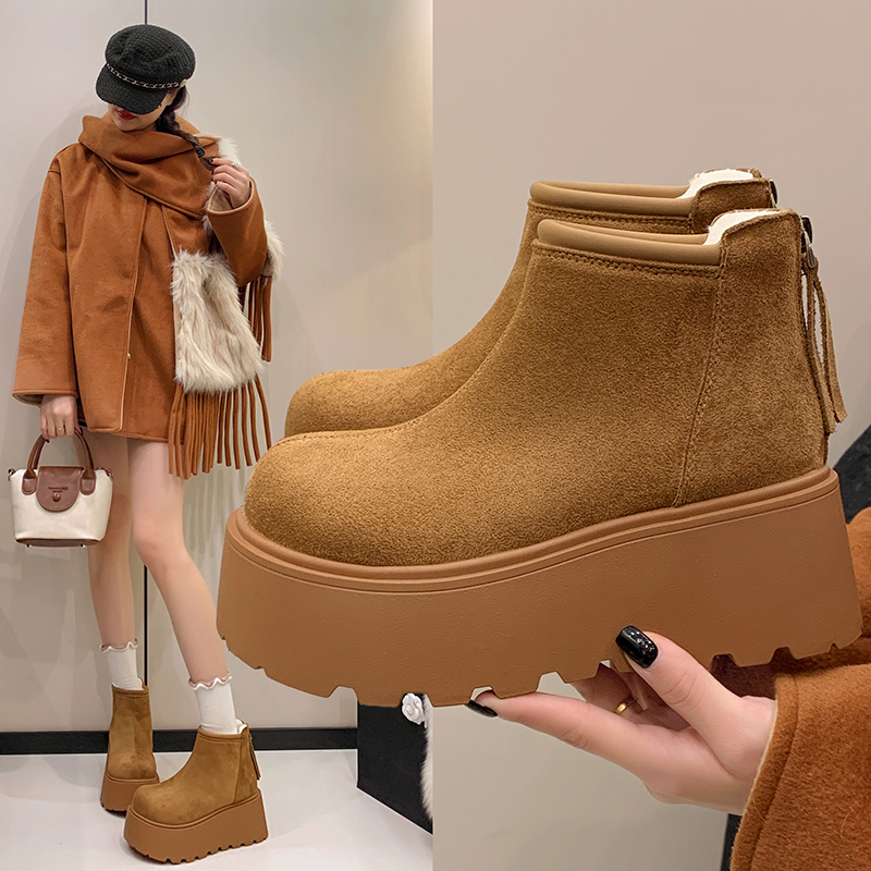 新时尚雪2025地靴厚底冬季款加绒后拉链保暖女棉靴百搭休闲女短靴