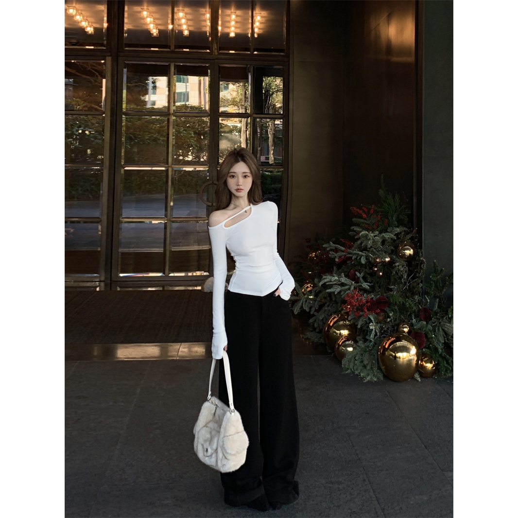 休闲套装辣妹露肩不规则镂空显瘦上衣+高腰垂感巨百搭阔腿长裤