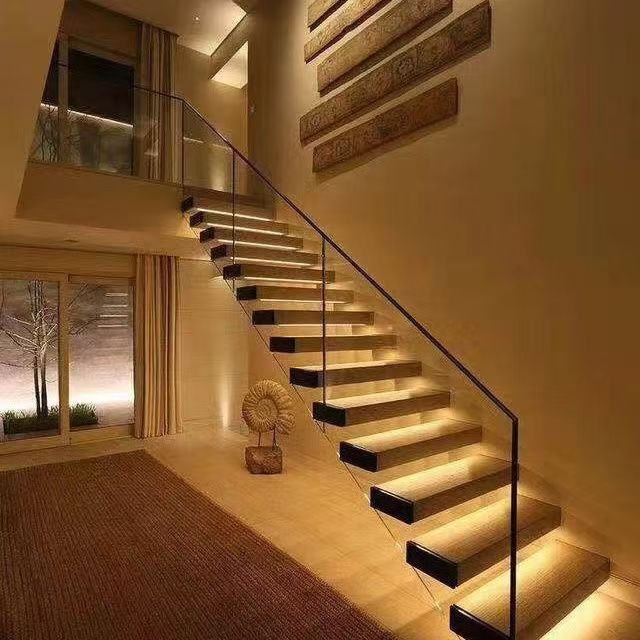 网红花岗岩定做楼梯踏步大理石梯步玻璃扶手堆叠楼梯  悬浮楼梯