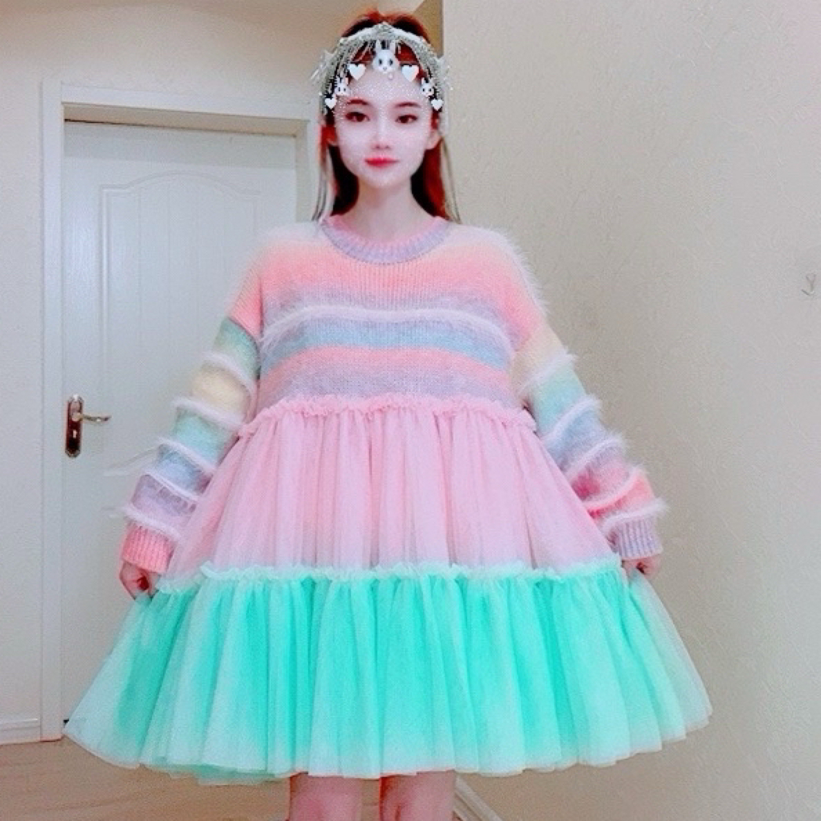 【面条家】5382#秋冬彩虹纱纱拼接毛衣连衣裙