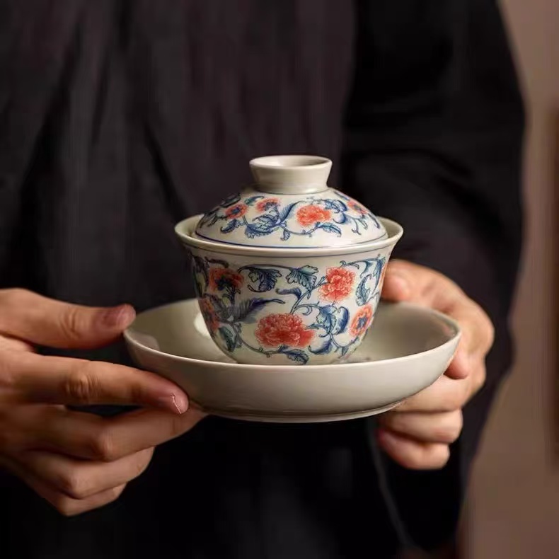 念兮堂高档草木灰复古中式青花釉里红缠枝莲大号三才盖碗泡茶0356