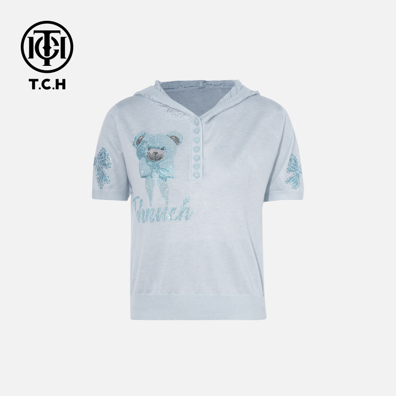 TCH烫钻新款工艺时尚休闲百搭针织T恤女T75B09E5008轻奢tch上衣