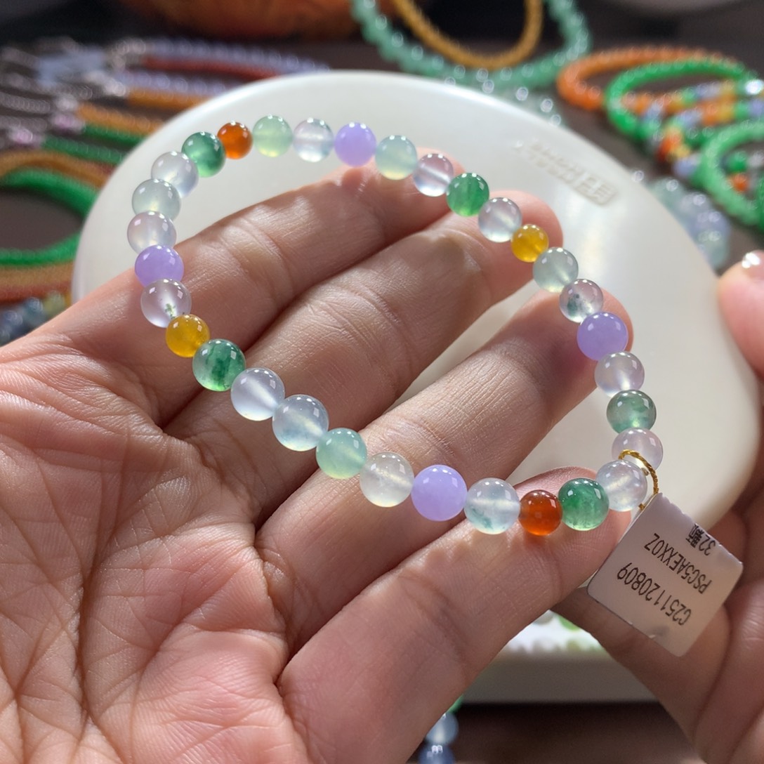 翡翠未镶嵌手链推荐！高冰清爽甜美马卡龙多宝单圈卡5~6+