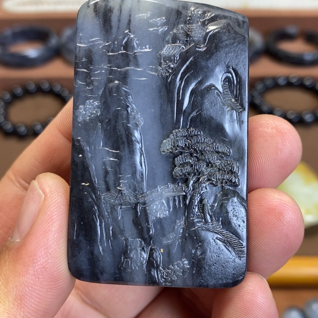 和田玉未镶嵌挂件新疆和田玉青花山水挂件牌子