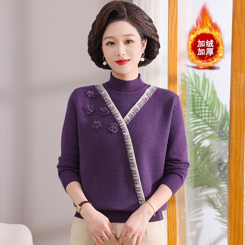 半高领妈妈加绒加厚毛衣保暖针织衫中年女减龄一体绒打底衫内搭