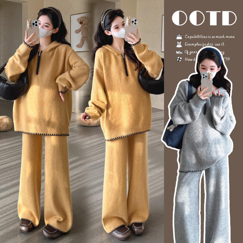 孕妇套装2025秋冬款新款气质连帽套头针织上衣阔腿裤两件套套装