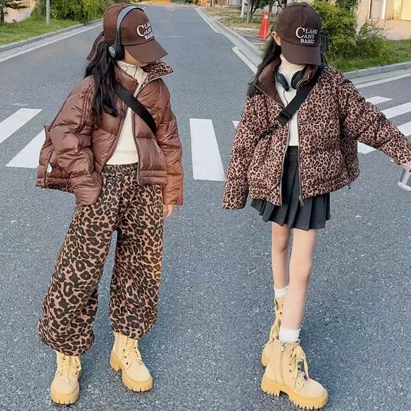 501141《现》冬季精选韩版百搭保暖舒适两面穿豹纹休闲羽绒儿童外套