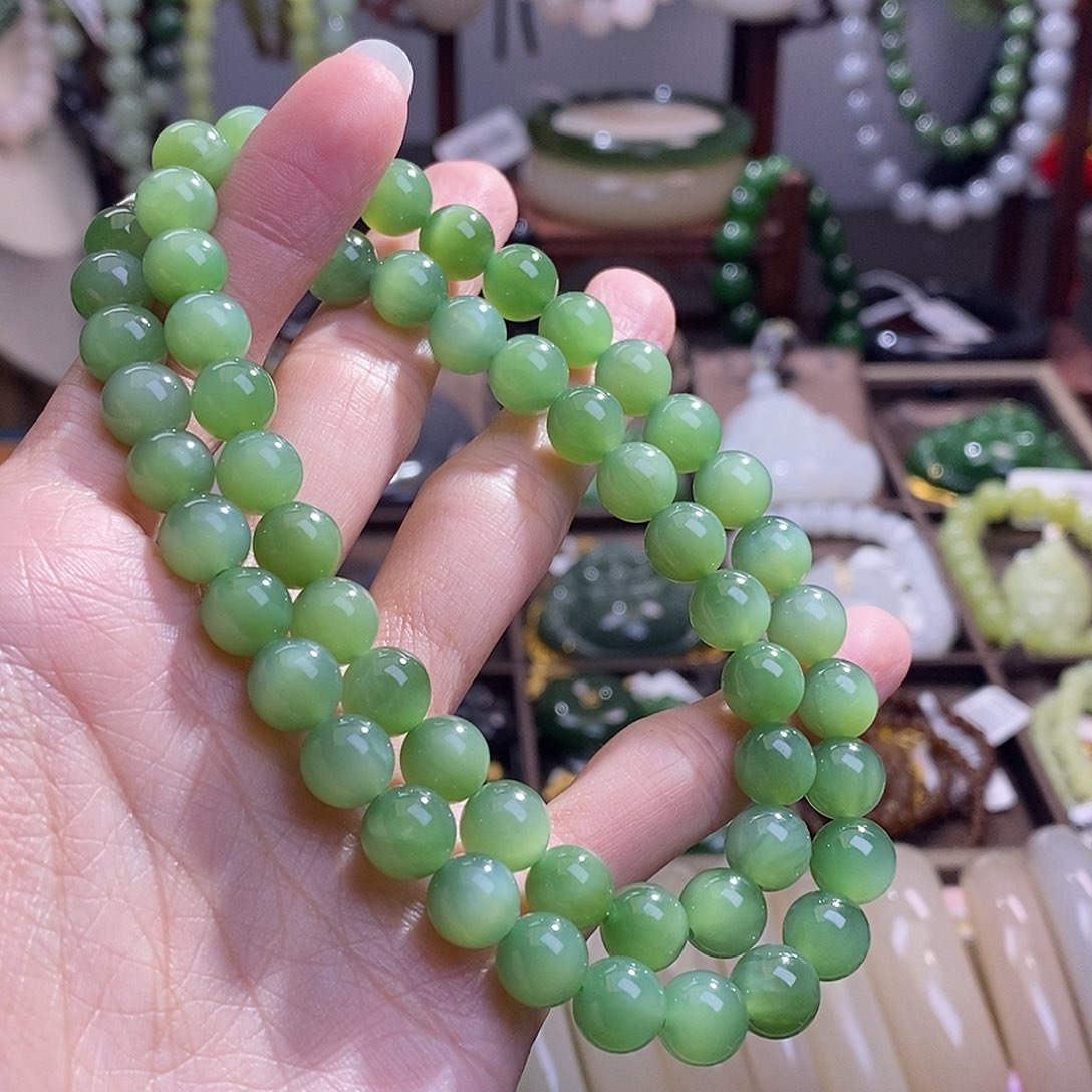 和田玉碧玉银镶猫眼妈妈链8MM未镶嵌