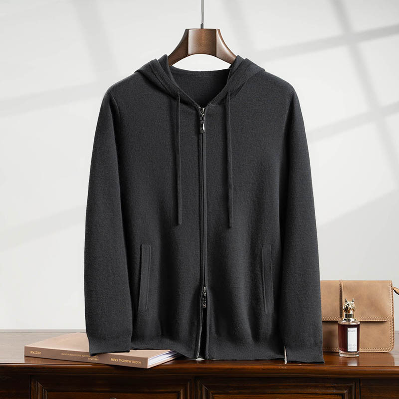 100%精纺山羊绒帽衫男士18针空气层连帽拉链开衫休闲加厚羊绒外套
