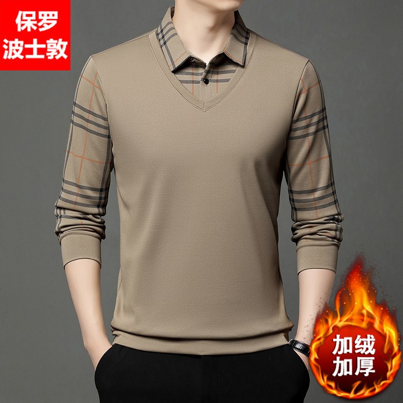 保罗男装冬季加绒加厚男士假两件新款翻领商务休闲保暖长袖polo衫