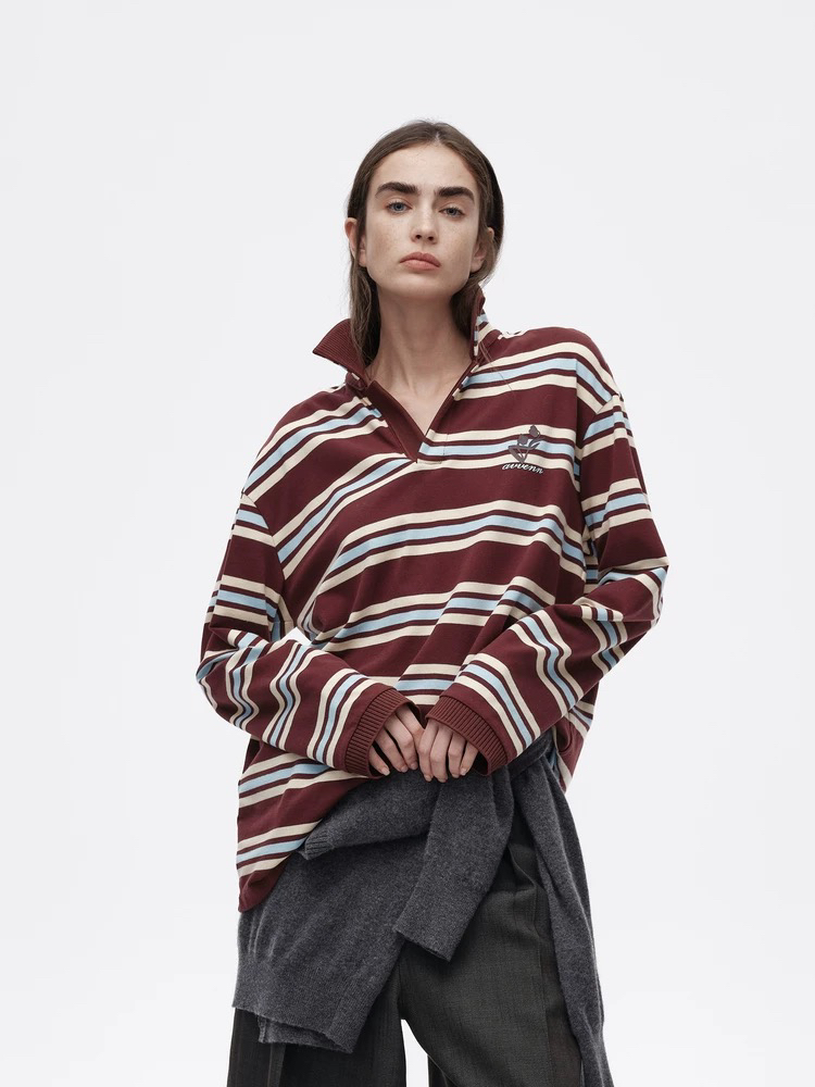 AVVENN2025春季新品撞色复古条纹Polo领长袖宽松T恤