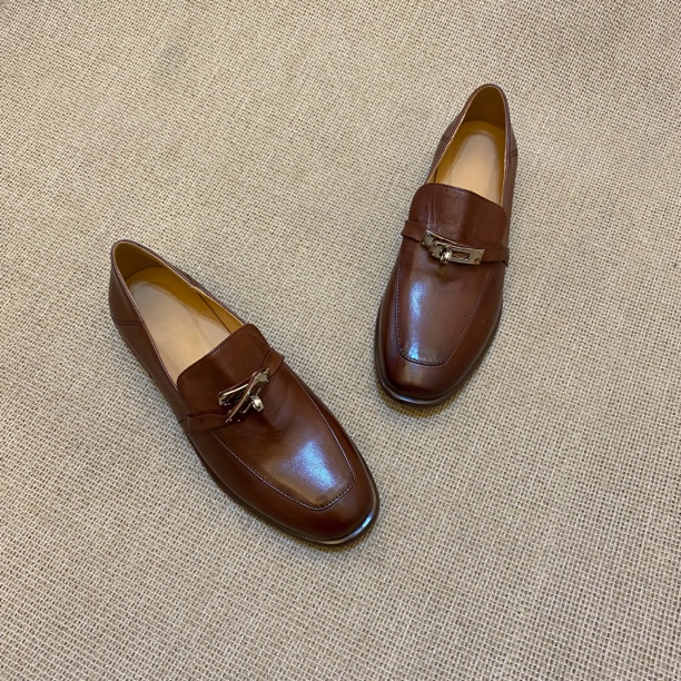 水洗牛皮/2cm/四季深口一脚蹬圆头真皮乐福鞋百搭复古平跟单鞋