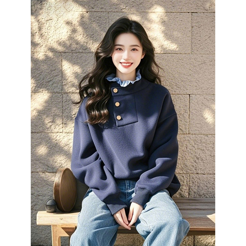 2025年春秋季新款小个子韩系慵懒风宽松藏青色木耳边拼接套头卫衣