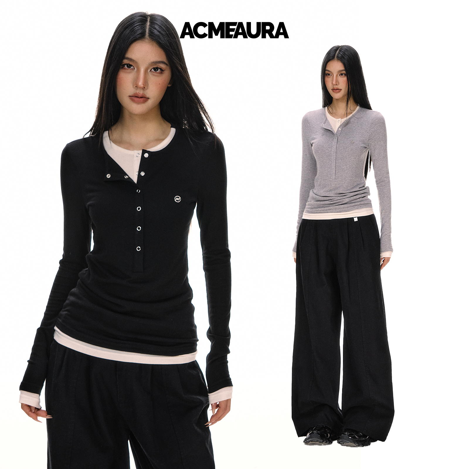 ACMEAURA 2025秋冬新款假两件长袖打底衫