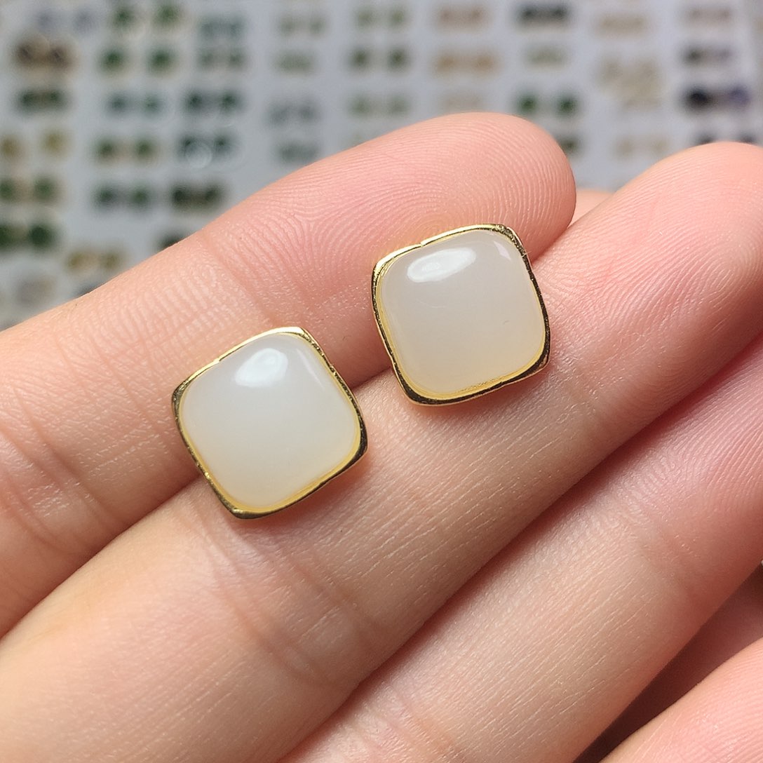 银S925镀金镶嵌和田玉（白玉）耳饰