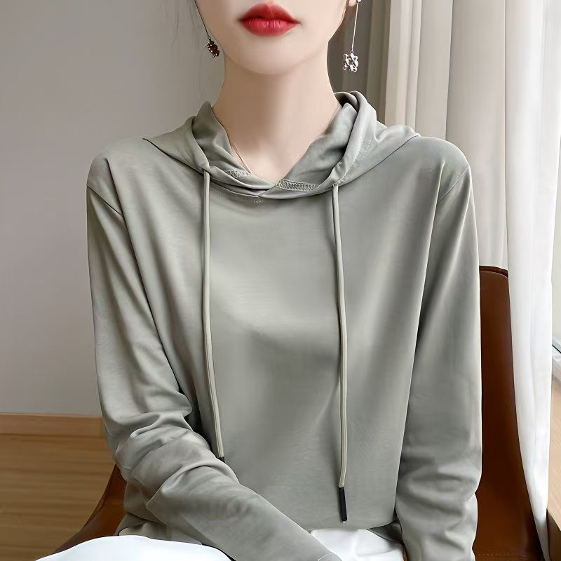 吸汗薄款长袖女纯色秋季连帽卫衣套头款修身型常规款春秋显瘦运动