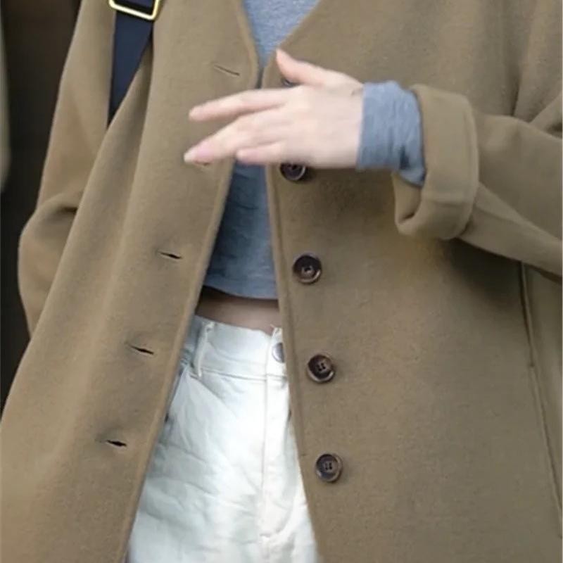 徐大可家2022韩版无领双面羊毛大衣女短款小个子单排扣毛呢外套