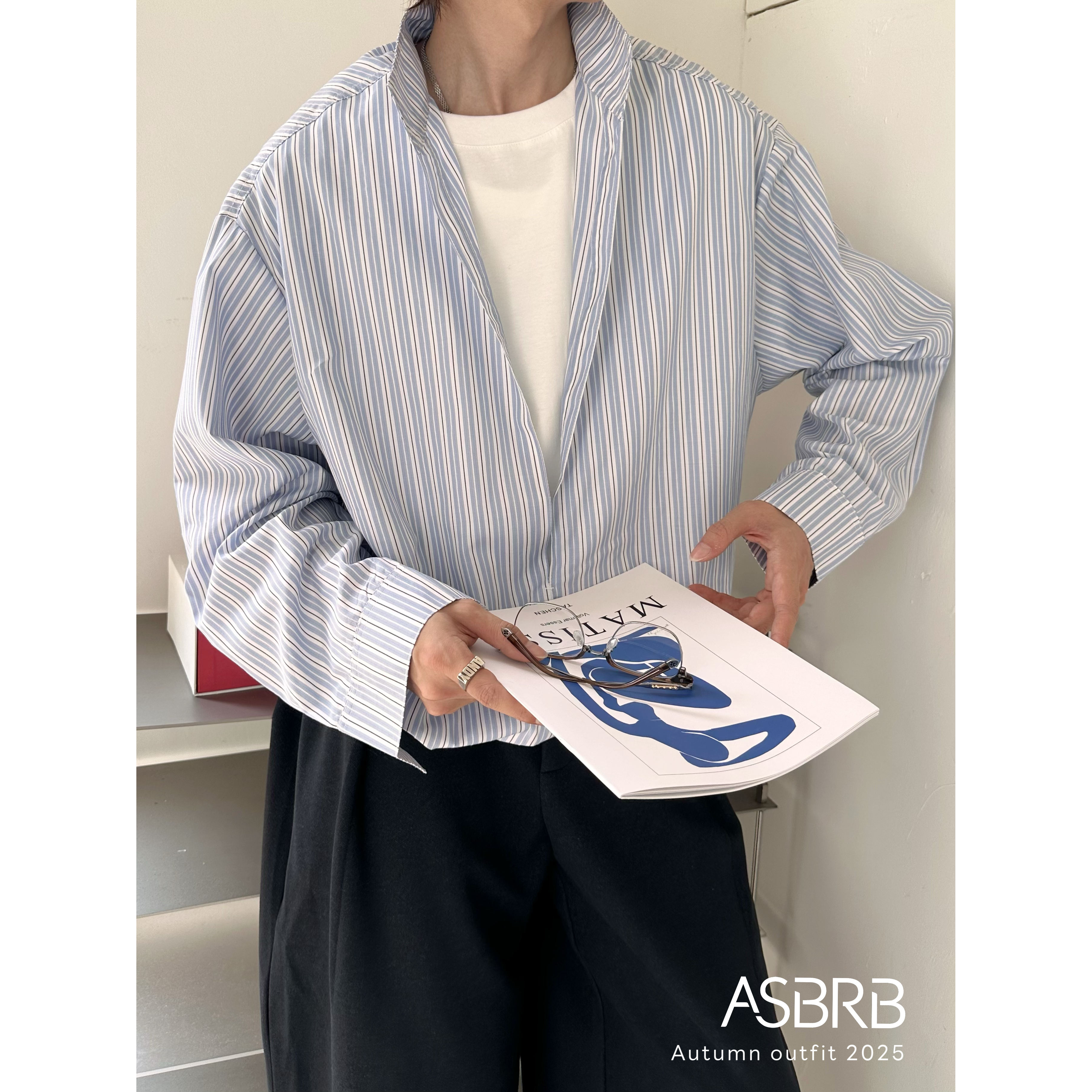 【ASHENG BRB】25A/W拼色条纹立领假两件长袖衬衫百搭休闲衬衣