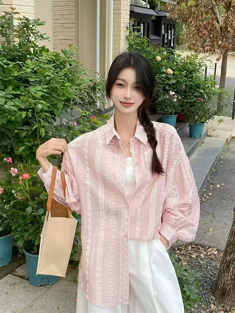 刺绣夏季蕾丝防晒常规显瘦薄款衬衫宽松长袖小众时尚韩版上衣