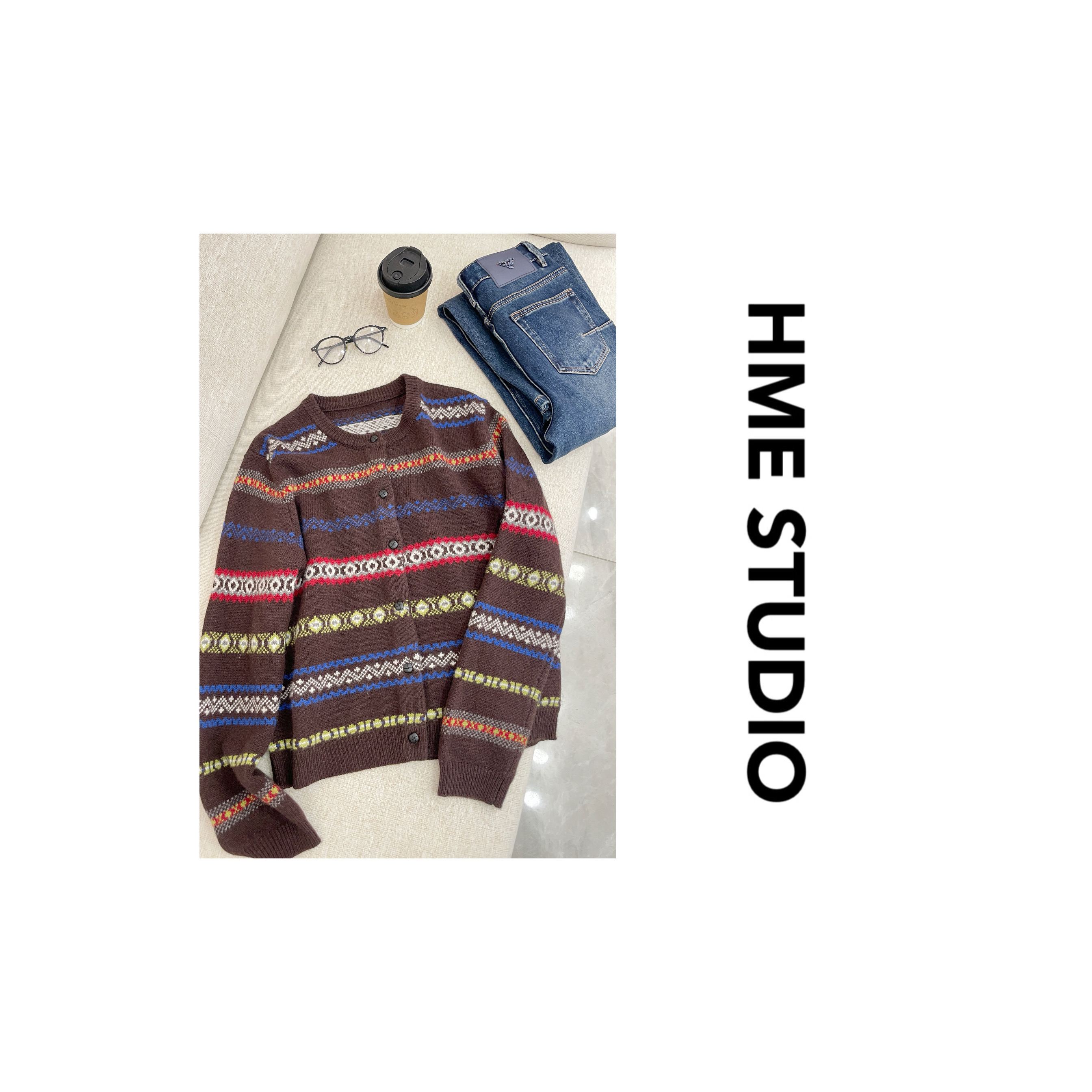 【HME】（费尔岛毛衣）北欧25冬季圆领拼色针织开衫外套百搭毛衣女