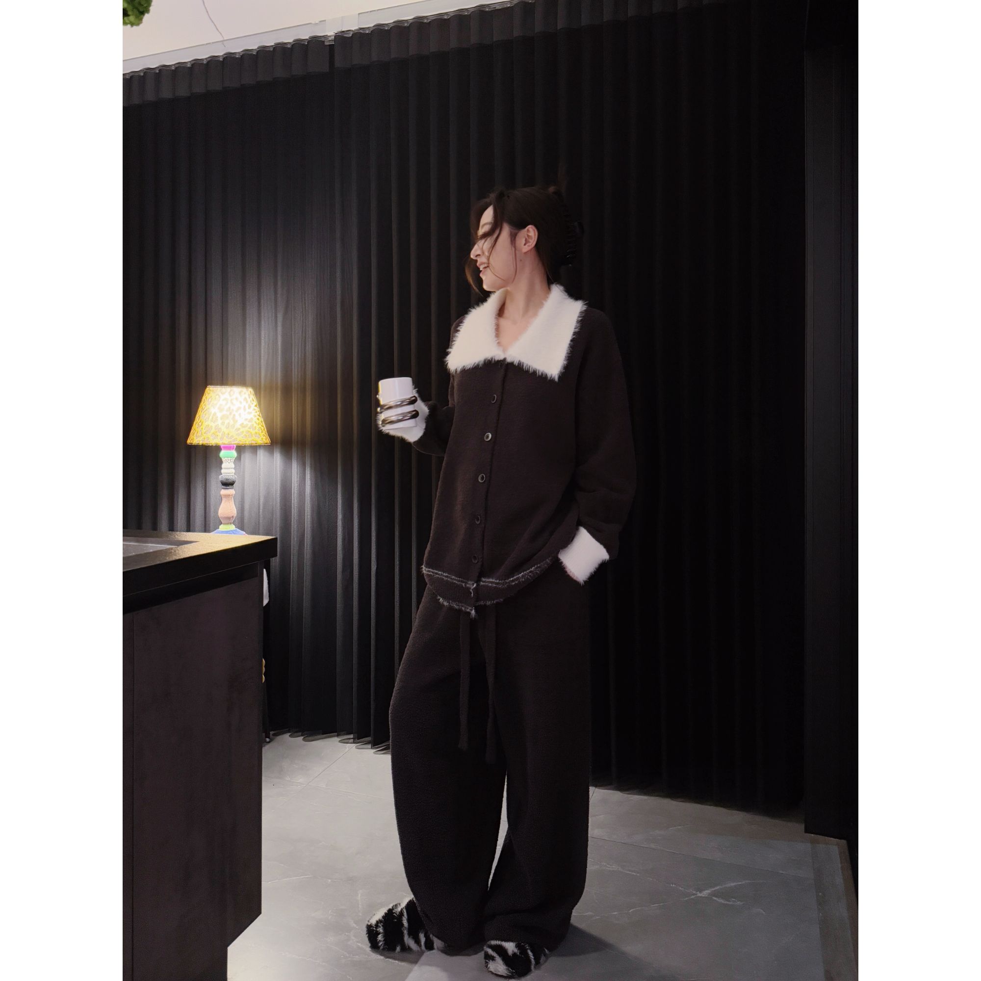 doubleoo半边绒家居服毛毛翻领纽扣开衫女宽松紫灰气质可外穿睡衣