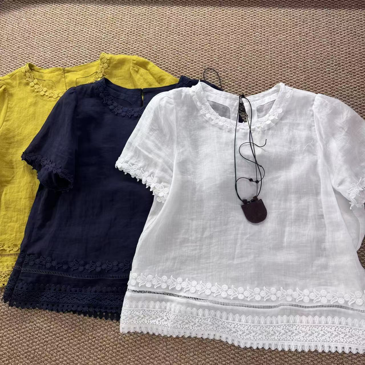 297  30苎麻70天丝夏季韩版温柔拼接镂空上衣