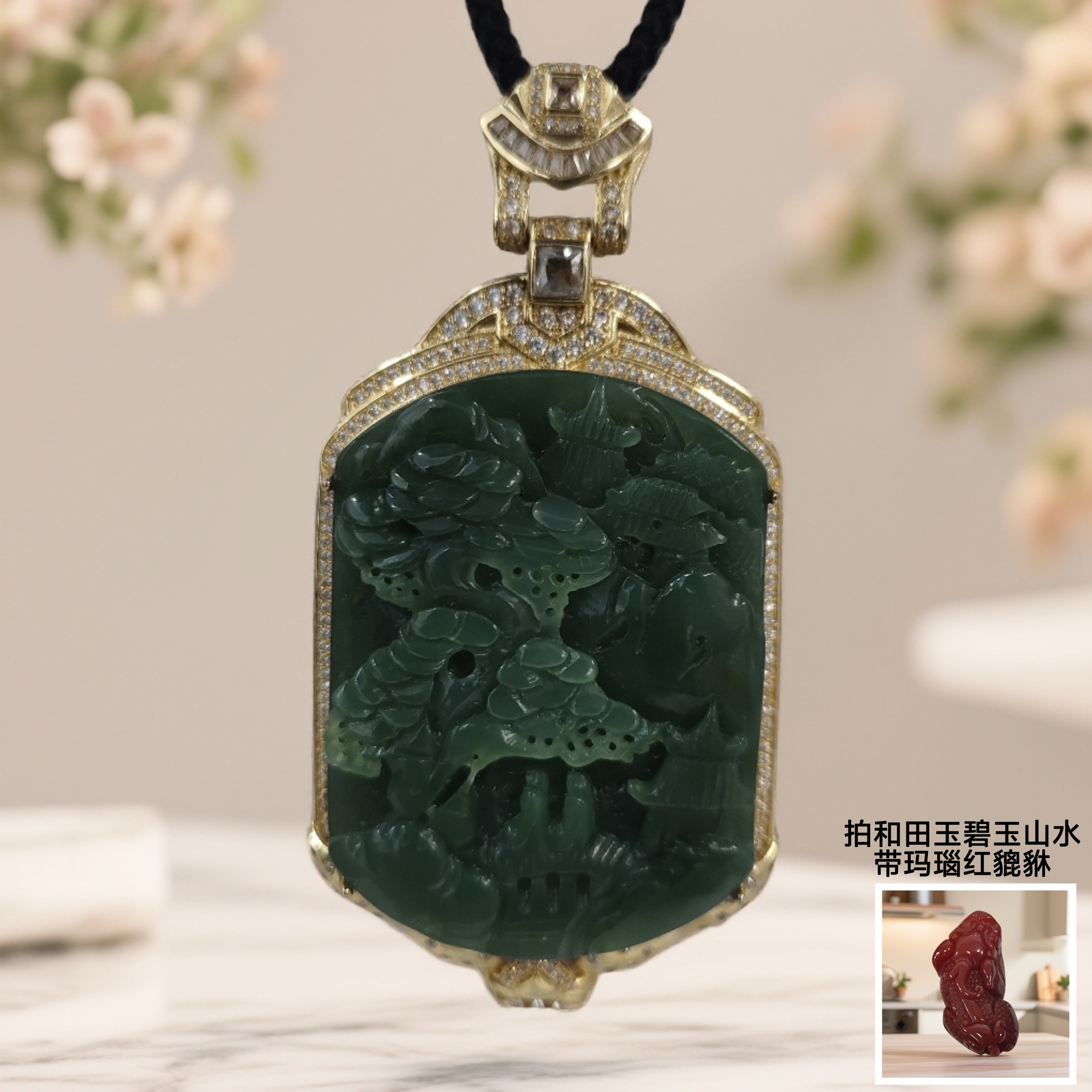 和田玉 碧玉 山水 镶嵌 吊坠 带 红貔貅 带礼盒 CC 547