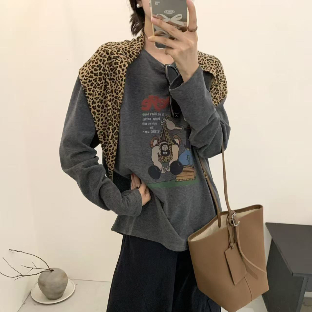C/F1091 大力水手～韩系休闲百搭卡通印花磨毛长袖T（配豹纹披肩） 