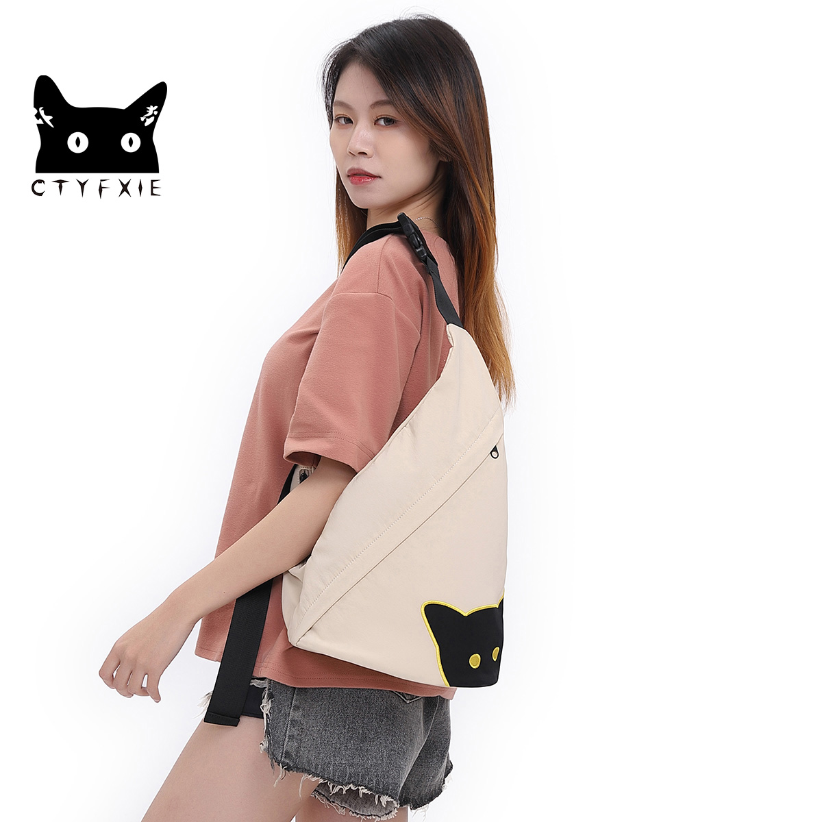 凯梵熙招财猫中性风简约拉链托特包单肩甜美风单肩运动斜挎包胸包