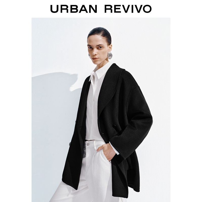 UR2025秋季新款女装通勤双排扣含羊毛大衣呢料外套UWM150064