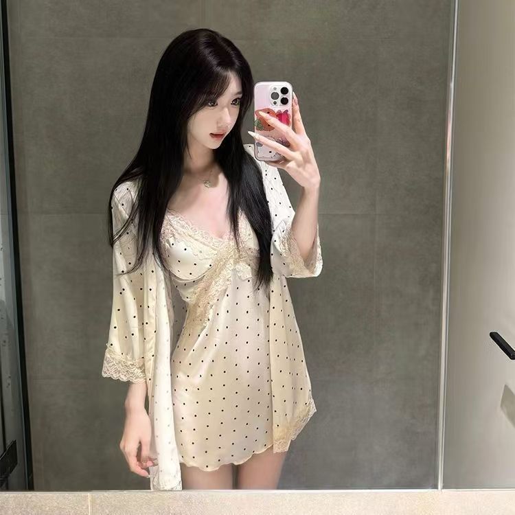 法式宽松睡裙薄款点点吊带V领波点中长款网红同款甜美显瘦