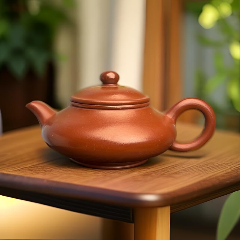 潮州朱泥大红袍虚扁壶紫砂壶手工手拉泡茶壶110cc