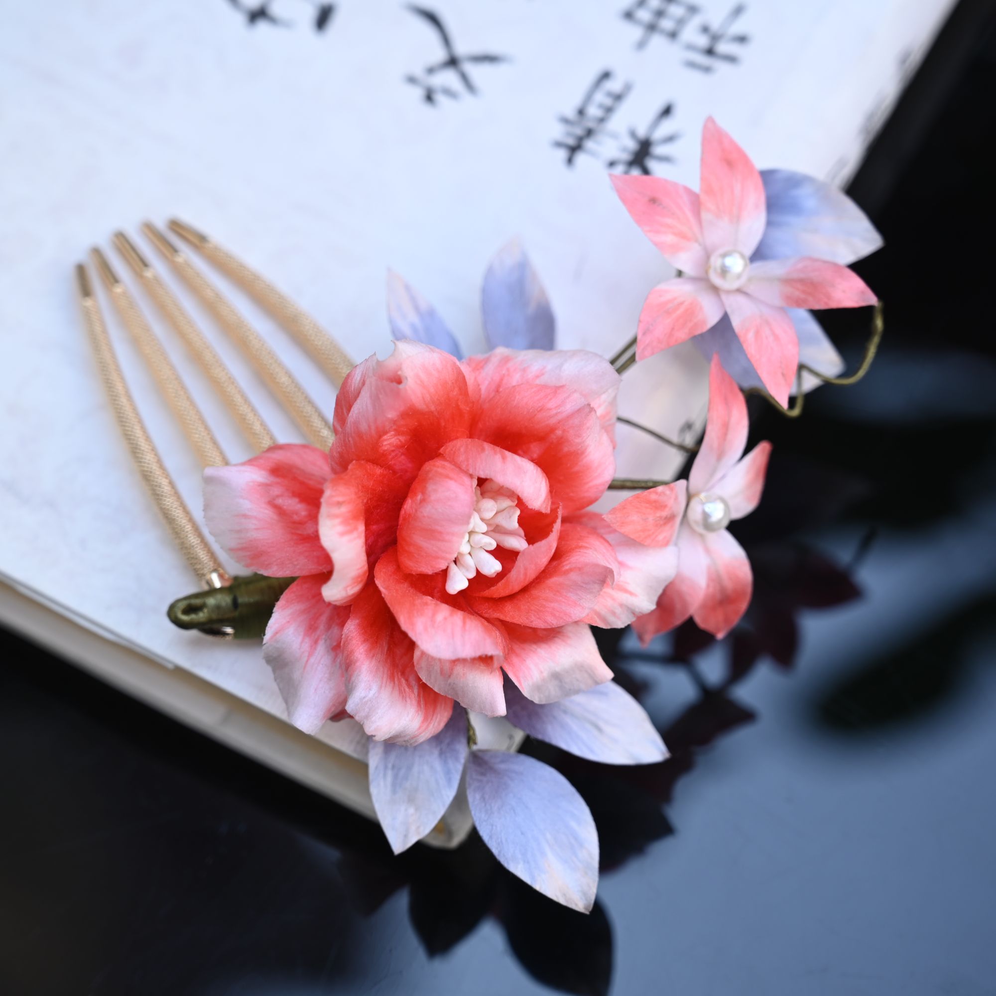 【粉牡丹】刺绣纯手工非遗插梳