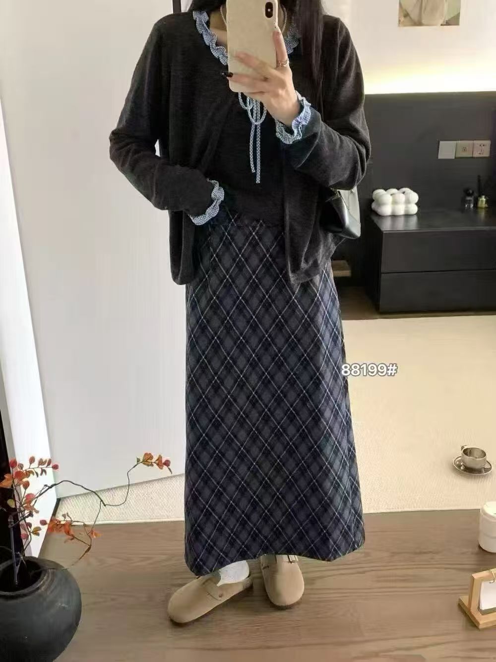 秋冬款女格纹复古时尚直筒半身裙