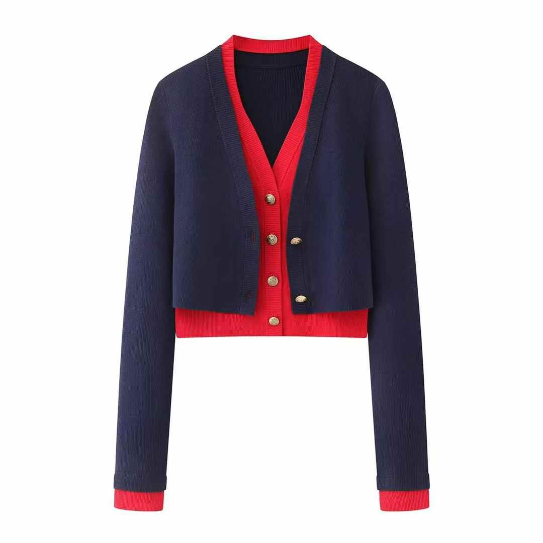 艾商场新款2026春季新款撞色假两件红色针织开衫女毛衣外套801144