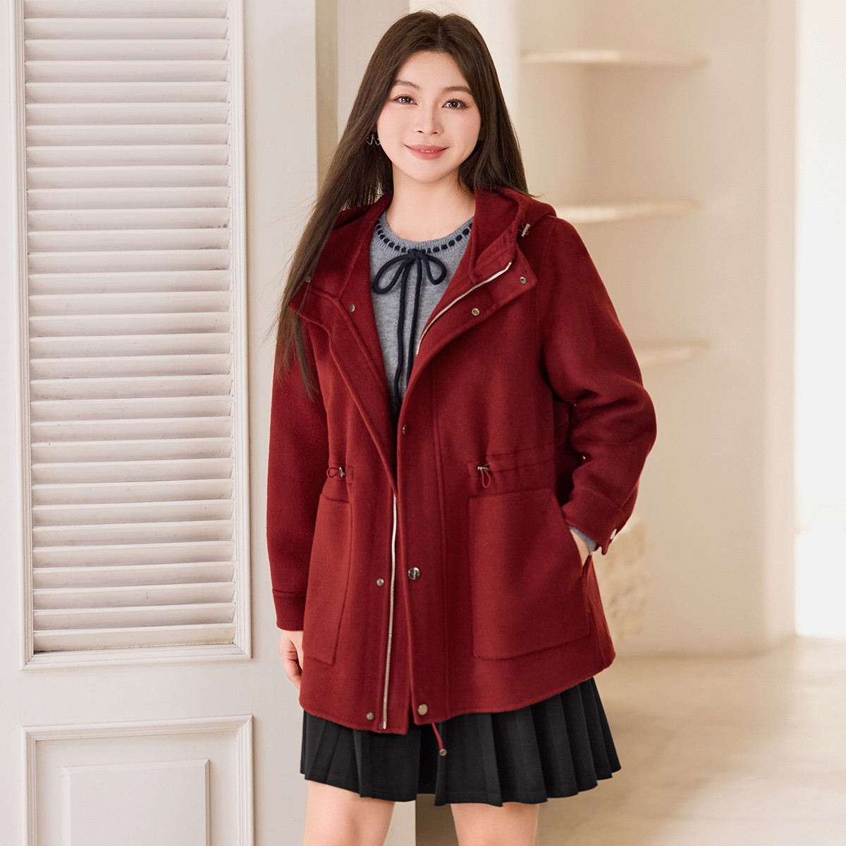 【100%绵羊毛】MsShe大码女装2025冬连帽双面毛呢大衣外套M2510043