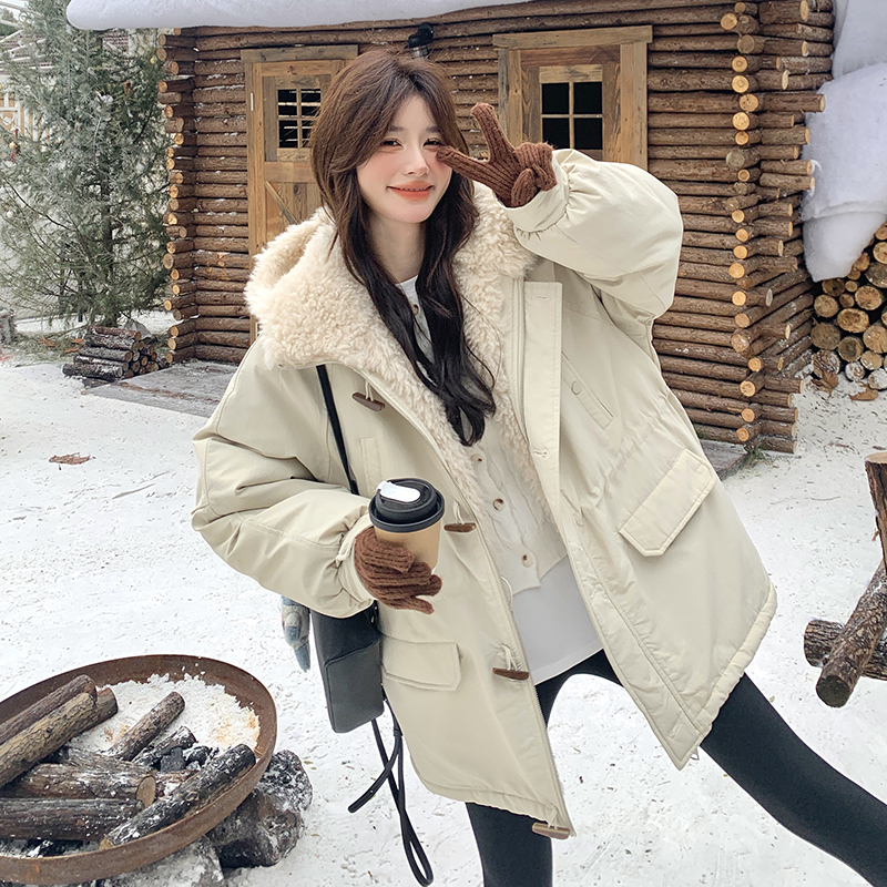 米白色派克服女2025年冬季新款韩系学院风连帽保暖加绒羊羔毛棉衣