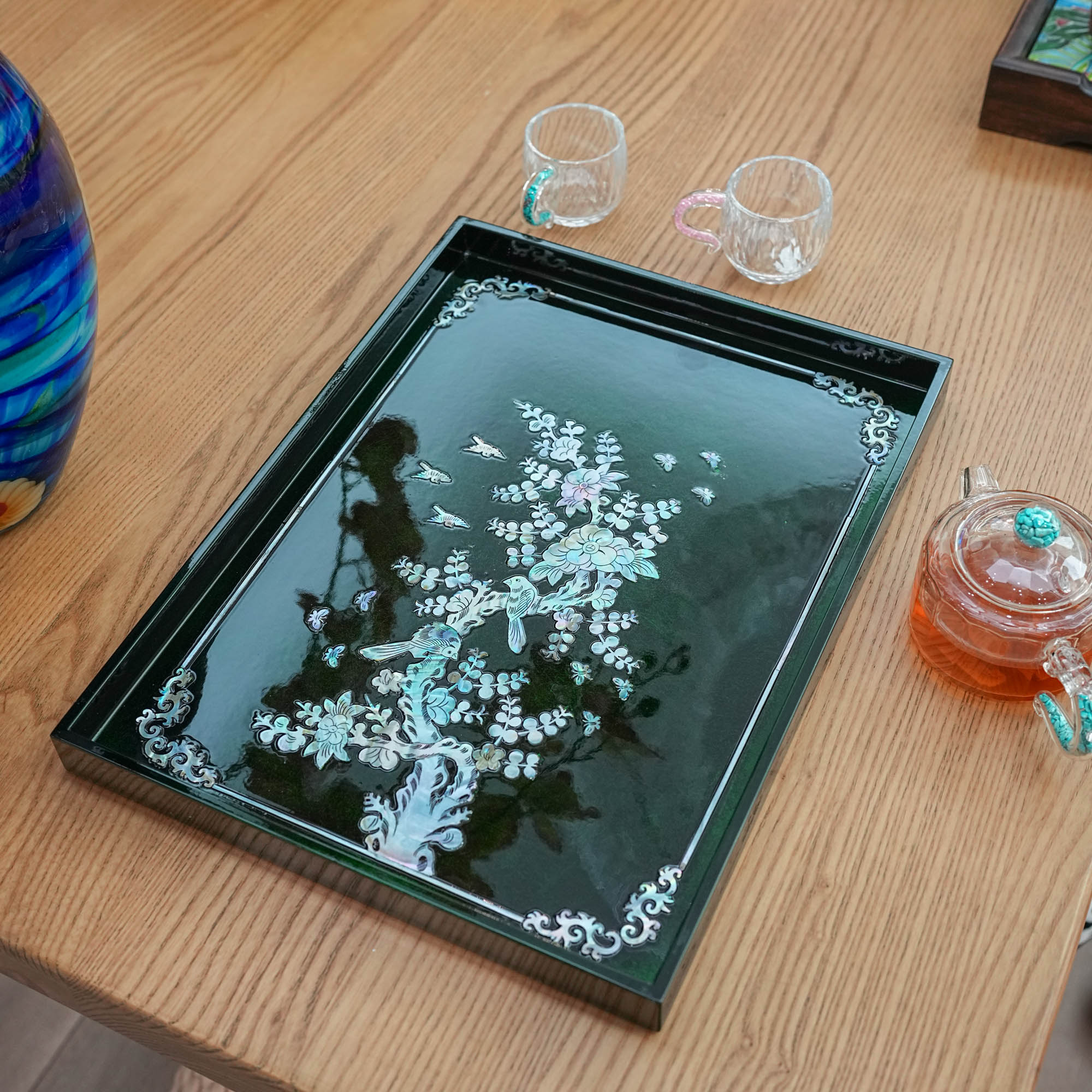 【奇居巍】宫廷风螺钿工艺复古风长方形雀上眉梢贝壳托盘 绿色