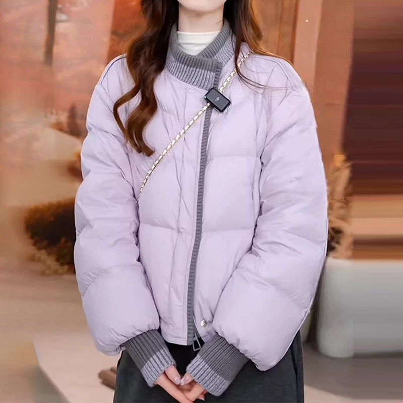 2025冬季新款拼接针织圆领棉服女美拉德加厚保暖宽松休闲棉衣外套