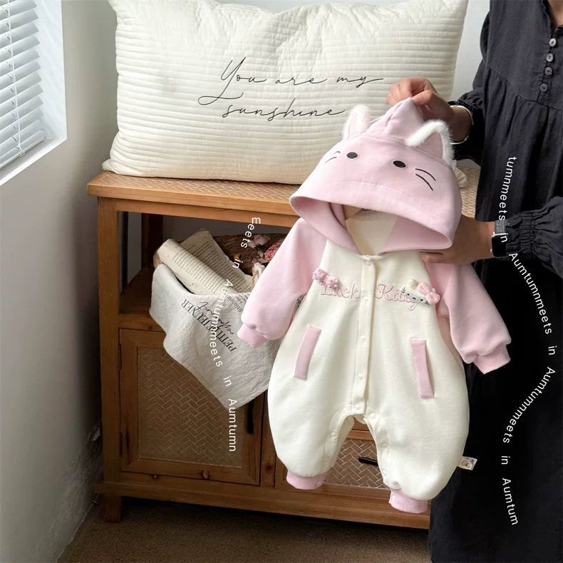 婴幼童连体衣2025秋季新款女宝宝韩版连帽外穿爬爬服外出服